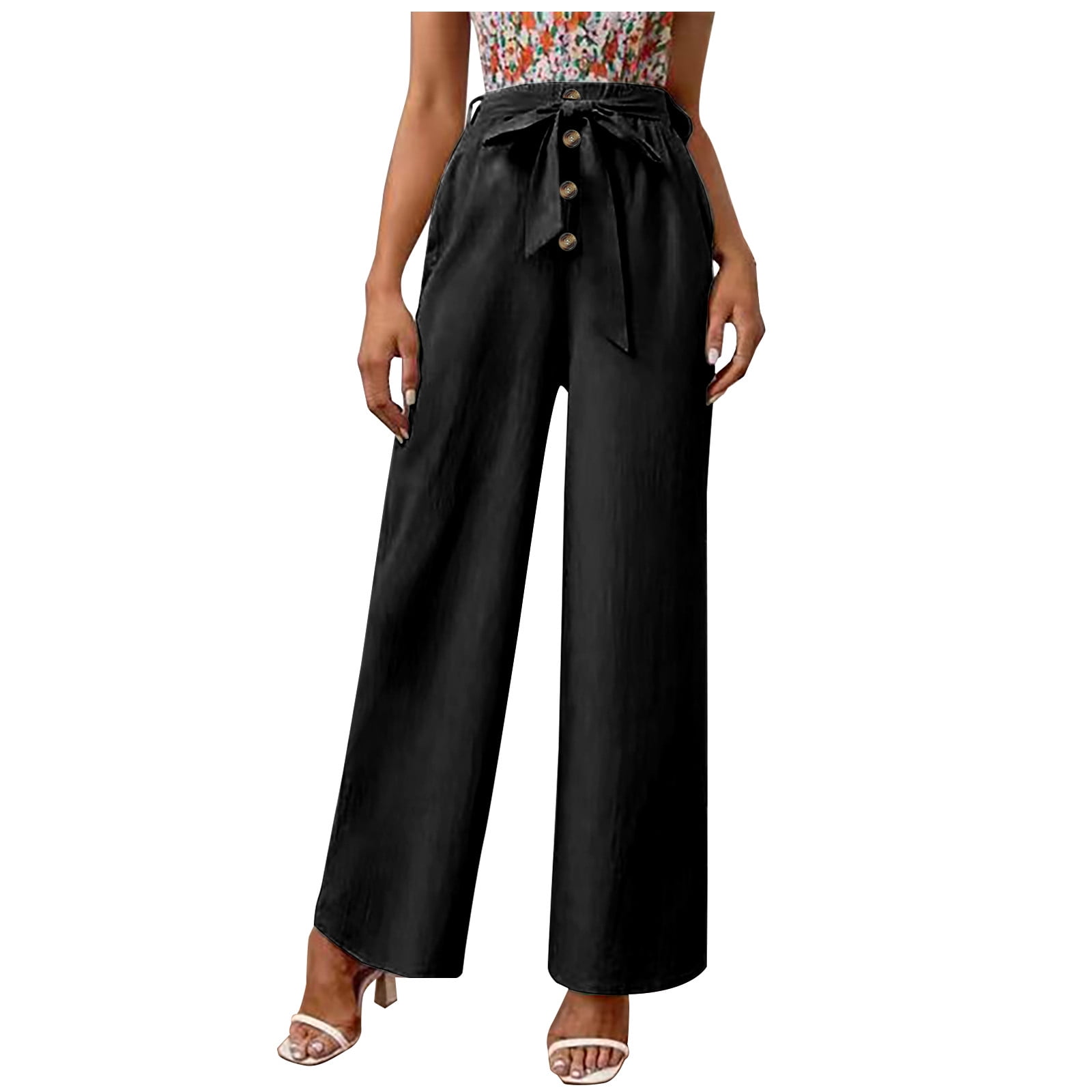 WeiFeng Linen Pants for Women Petite Wide Leg Pants Elastic Waist Women