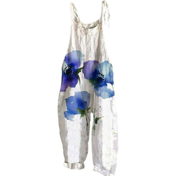 Linen Pants Women, Pink Boho Floral Jumpsuits Sleeveless Spaghetti Strap Baggy Romper Wide Leg Overalls with Pockets, Wide Leg Pants Woman, L, Palazzo Pants for Women, S-5XL, Boho Pants for Women