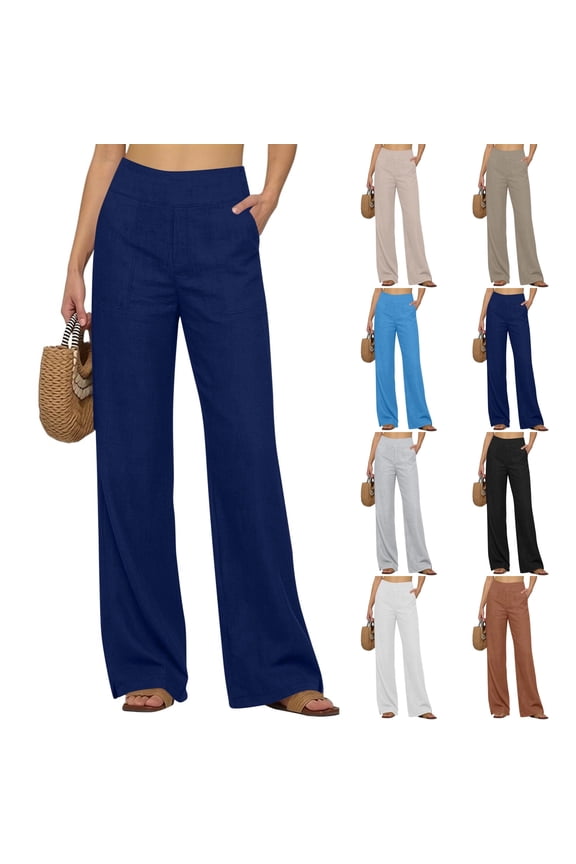 Linen Pants Women Pull On Elastic High Waisted Wide Leg Baggy Pants with Pockets Breathable Straight Leg Trousers Navy XXL