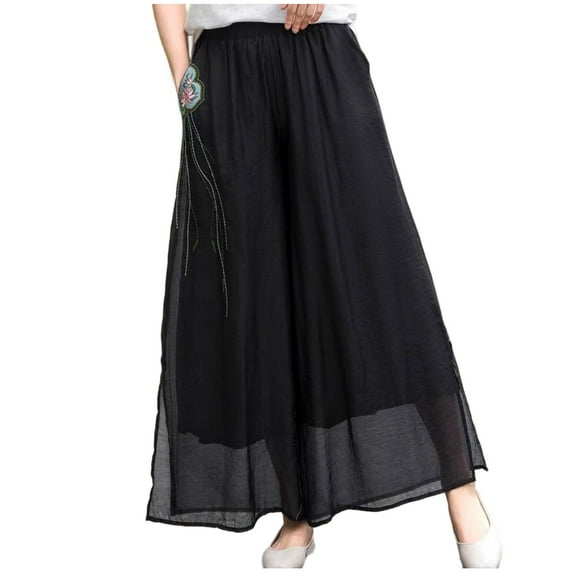 Linen Pants Women Sevevn Women's Loose Wide Leg Pants Elastic Waist Pocket Pants Casual Trousers