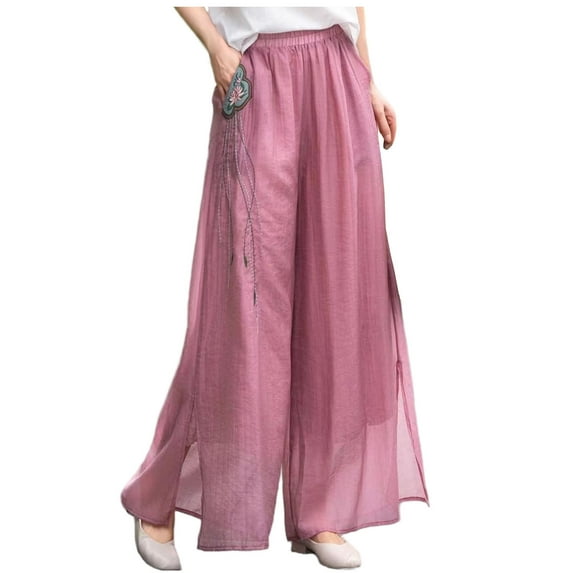 Linen Pants Women Sevevn Women's Loose Wide Leg Pants Elastic Waist Pocket Pants Casual Trousers