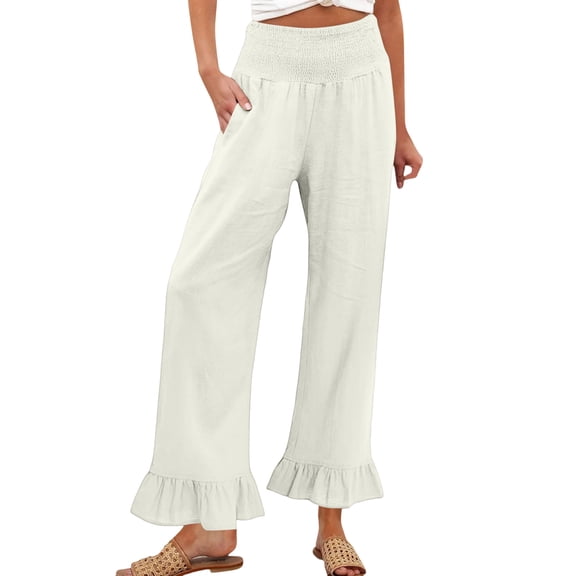 Linen Pants Women Smocked Hem High Waisted Wide Leg Cropped Palazzo Pants with Pockets Cute Ruffle Boho Flowy Beach Pant, M