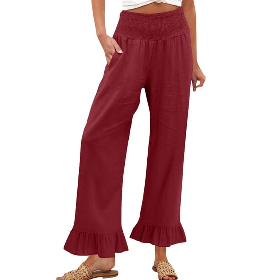 Linen Pants Women Smocked Hem High Waisted Wide Leg Cropped Palazzo Pants with Pockets Cute Ruffle Boho Flowy Beach Pant, M