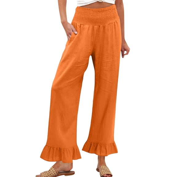 Linen Pants Women Smocked Hem High Waisted Wide Leg Cropped Palazzo Pants with Pockets Cute Ruffle Boho Flowy Beach Pant, S