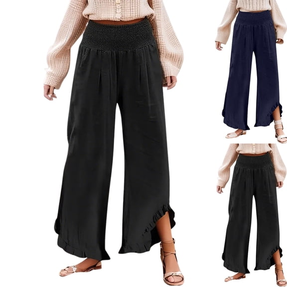 Linen Pants Women Smocked High Waisted Wide Leg Cropped Palazzo Pants with Pockets Cute Ruffle Boho Flowy Beach Pant Black S