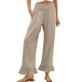 thumbnail image 1 of Linen Pants Women Smocked High Waisted Wide Leg Cropped Palazzo Pants with Pockets Flowy Boho Ruffle Ankle Beach Pant Beige XL, 1 of 6