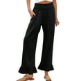 thumbnail image 1 of Linen Pants Women Smocked High Waisted Wide Leg Cropped Palazzo Pants with Pockets Flowy Boho Ruffle Ankle Beach Pant Black M, 1 of 6