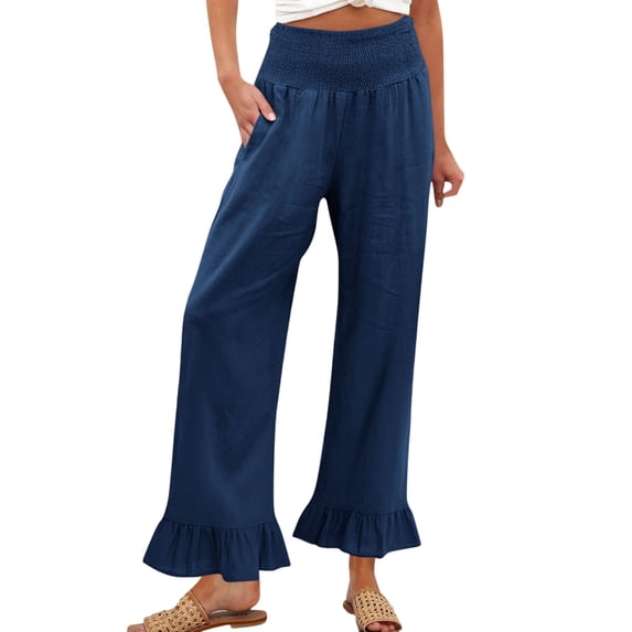 Linen Pants Women Smocked High Waisted Wide Leg Cropped Palazzo Pants with Pockets Flowy Boho Ruffle Ankle Beach Pant Navy 2XL