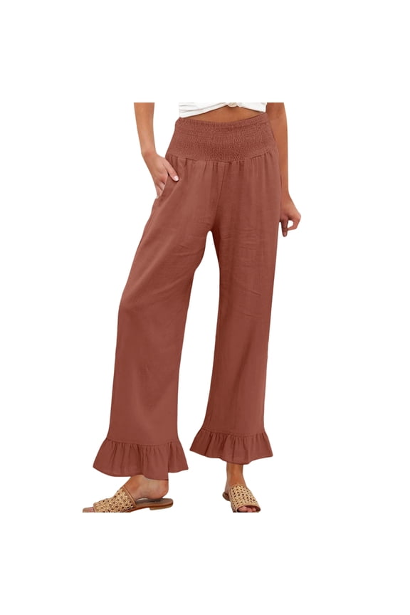 Linen Pants Women Smocked High Waisted Wide Leg Cropped Palazzo Pants with Pockets Flowy Boho Ruffle Ankle Beach Pant Watermelon Red M