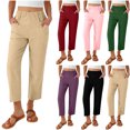 thumbnail image 1 of Linen Pants Women Solid Color Elastic Waist Capri Casual Summer Lightweight Trouser Fashion Cropped Pants with Pockets, 1 of 8