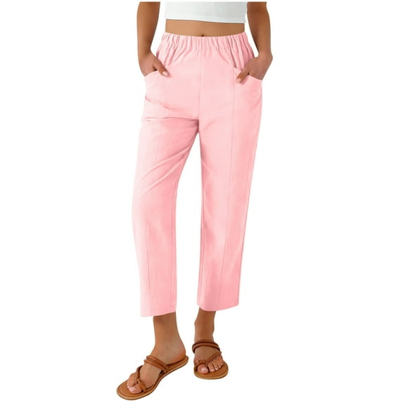 Linen Pants Women Solid Color Elastic Waist Capri Casual Summer Lightweight Trouser Fashion Cropped Pants with Pockets