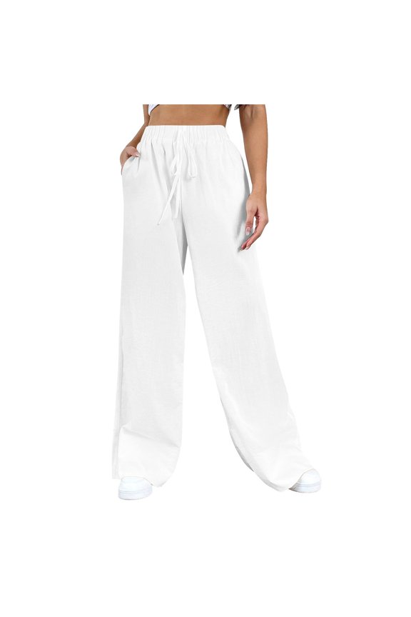 Linen Pants Women Solid Faux Linen Pocketed Strap Casual Fashion Baggy Pants,White 2XL