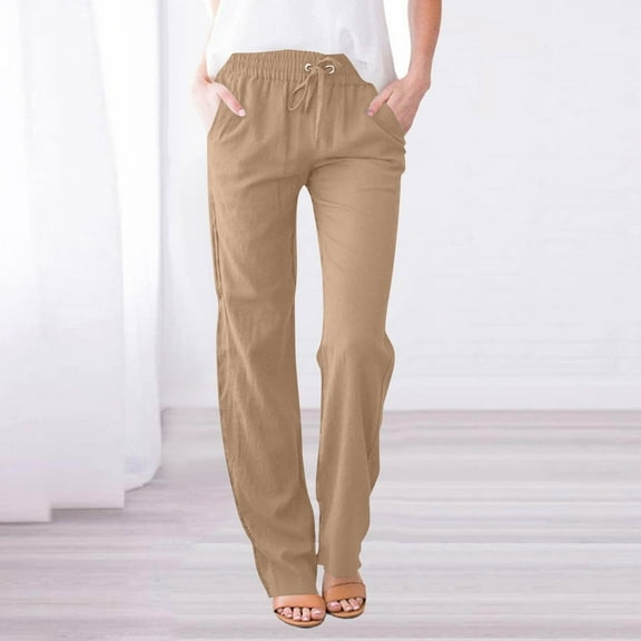 Linen Pants Women Spring Summer Dressy Casual High Waisted Drawstring Pant Cotton Straight Leg Lounge Trousers Khaki M