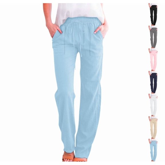 Linen Pants Women Spring Summer Dressy Casual High Waisted Drawstring Pant Cotton Straight Leg Lounge Trousers Sky Blue S