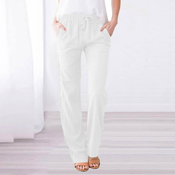 Linen Pants Women Spring Summer Dressy Casual High Waisted Drawstring Pant Cotton Straight Leg Lounge Trousers White XL