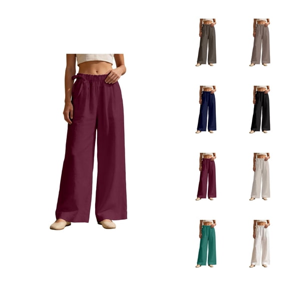 Linen Pants Women Spring Summer Elastic High Waist Wide Leg Loose Fit Flowy Palazzo Beach Pants Trousers