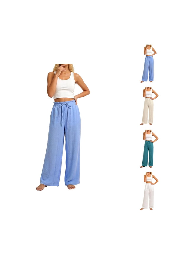 Linen Pants Women Spring Summer Elastic Waist Wide Leg Loose Fit Lightweight Beach Pants Trousers with Pockets