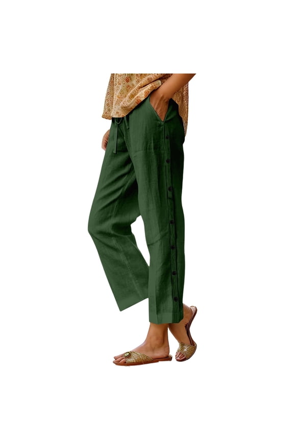 Linen Pants Women Striped Casual Loose Yoga Trouser Pants with Pockets Women Lounge Yoga Workout Palazzo Summer Capri Pants Tops Green L