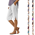 thumbnail image 1 of Linen Pants Women Striped Elastic Waist Wide Leg Linen Pants Boho Beach Palazzo Pant Vacation Cropped Pant Summer White 5XL, 1 of 9