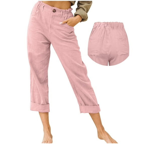 Linen Pants Women Summer Beach Trousers Back Pants Elastic Waist Casual Pants With Pocket XL