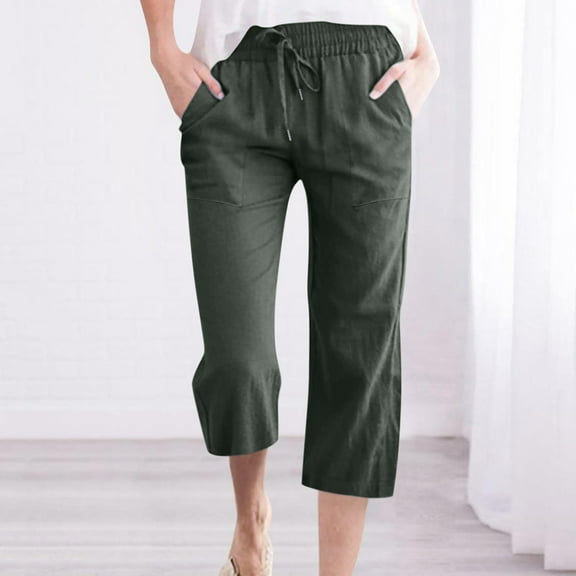Linen Pants Women Summer Bohemian Plus Size Elastic Loose Straight Wide Leg Capris Fashion Casual High Waisted Solid Color Flowy Pants With Pocket S-5XL on Clearance