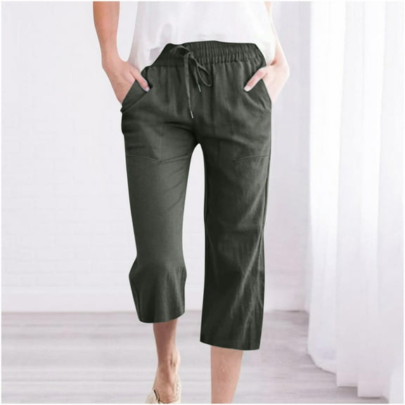 Linen Pants Women Summer Bohemian Plus Size Elastic Loose Straight Wide Leg Capris Fashion Casual High Waisted Solid Color Flowy Pants With Pocket S-5XL on Clearance