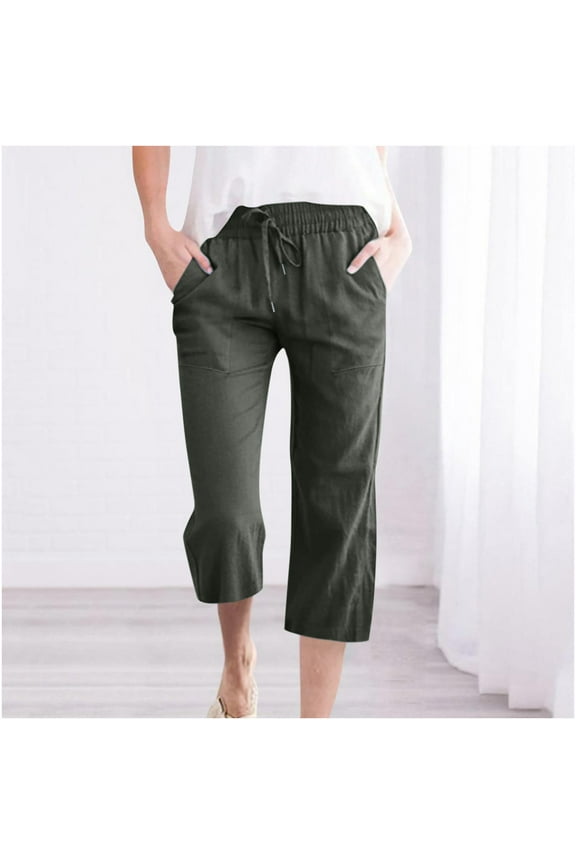 Linen Pants Women Summer Bohemian Plus Size Elastic Loose Straight Wide Leg Capris Fashion Casual High Waisted Solid Color Flowy Pants With Pocket S-5XL on Clearance