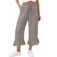 thumbnail image 1 of Linen Pants Women Summer Casual Ruffle Hem Wide Leg Drawstring Elastic Waist Capri Pants with Pockets Beach Vacation Travel Pants L, 1 of 7