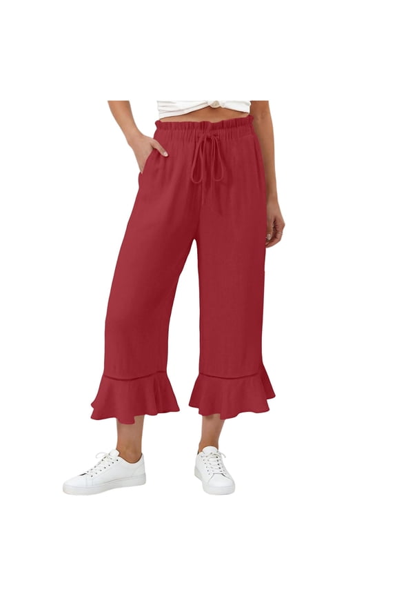 Linen Pants Women Summer Casual Ruffle Hem Wide Leg Drawstring Elastic Waist Capri Pants with Pockets Beach Vacation Travel Pants M