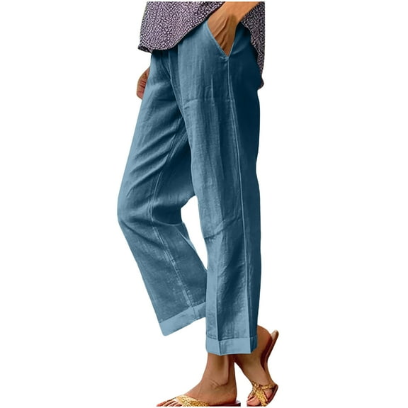 Linen Pants Women Summer Casual Straight-Leg Drawstring Elastic Waist Lightweight Cropped Pant with Pockets Blue L