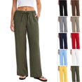 thumbnail image 1 of Linen Pants Women Summer Cotton Linen Stretch Palazzo Slacks Flowy Wide Leg Loose Beach Trouser with Pockets, 1 of 4