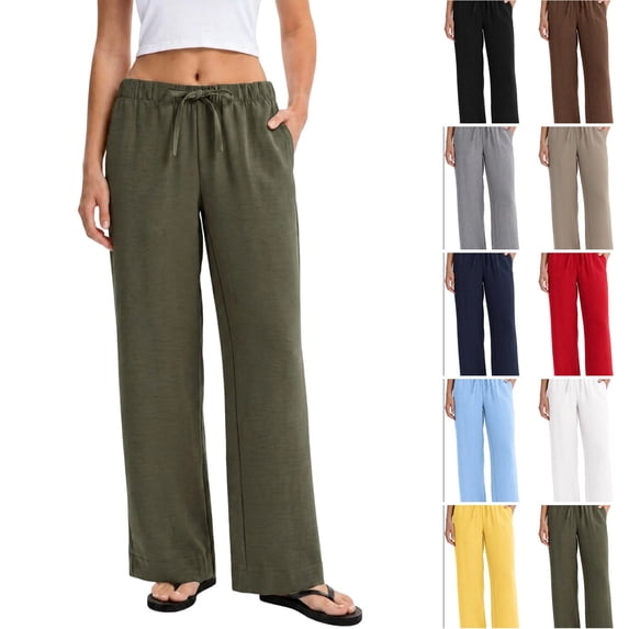 Linen Pants Women Summer Cotton Linen Stretch Palazzo Slacks Flowy Wide Leg Loose Beach Trouser with Pockets