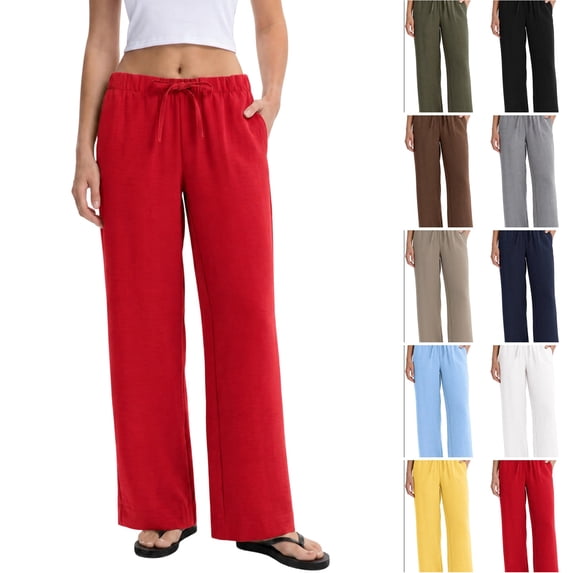 Linen Pants Women Summer Cotton Linen Stretch Palazzo Slacks Flowy Wide Leg Loose Beach Trouser with Pockets