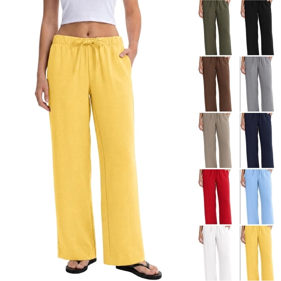 Linen Pants Women Summer Cotton Linen Stretch Palazzo Slacks Flowy Wide Leg Loose Beach Trouser with Pockets