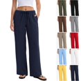 thumbnail image 1 of Linen Pants Women Summer Cotton Linen Stretch Palazzo Slacks Flowy Wide Leg Loose Beach Trouser with Pockets, 1 of 4