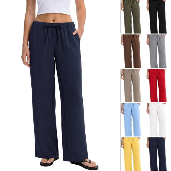 Linen Pants Women Summer Cotton Linen Stretch Palazzo Slacks Flowy Wide Leg Loose Beach Trouser with Pockets