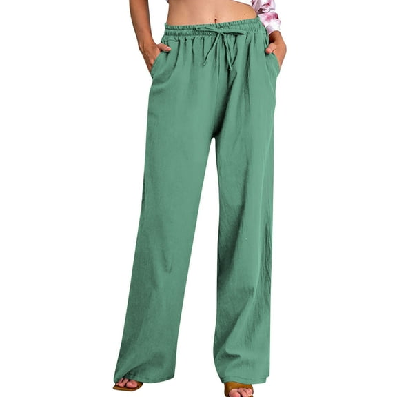 Linen Pants Women Summer Drawstring Elastic Waisted Palazzo Pants Casual Loose Wide Leg Pants with Pockets Green 3XL