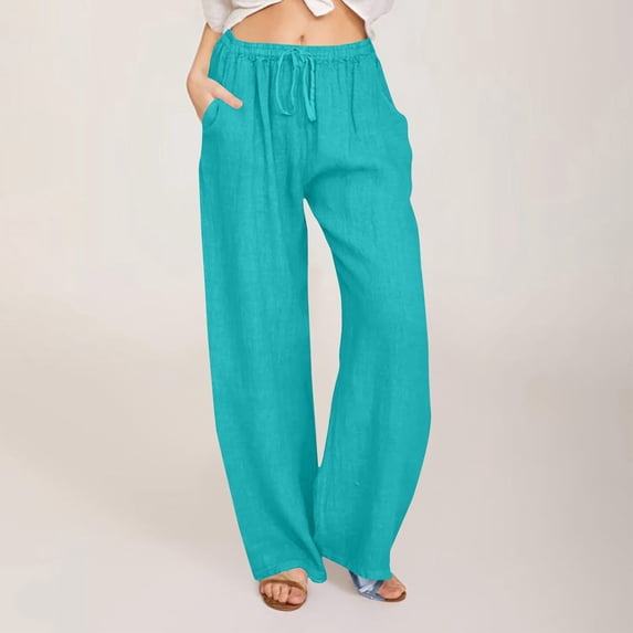 Linen Pants Women Summer Drawstring Waisted Loose Cotton Linen Wide Leg Pants Womens Casual Solid Lightweight Breathable Comfy Beach Vacation Pants