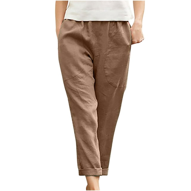 Linen Pants Women Summer Elastic Waist Casual Pants Solid Color Large ...
