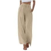 EGZMBLL Women Pants Summer Palazzo Pants Flowy Casual Loose Plus Size Trousers Solid High Waisted Wide Leg Beach Pants with Pockets S-3XL on Clearance