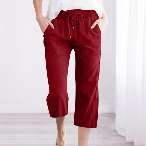 Linen Pants Women Summer Fashion Plus Size Casual Solid Color Elastic Loose Capris Straight Wide Leg High Waisted Pants With Pocket S-5XL