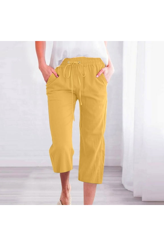 Linen Pants Women Summer Fashion Plus Size Casual Solid Color Elastic Loose Capris Straight Wide Leg High Waisted Pants With Pocket S-5XL on Clearance