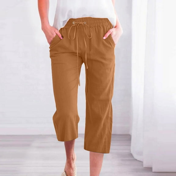 Linen Pants Women Summer Fashion Plus Size Casual Solid Color Elastic Loose Capris Straight Wide Leg High Waisted Pants With Pocket S-5XL on Clearance