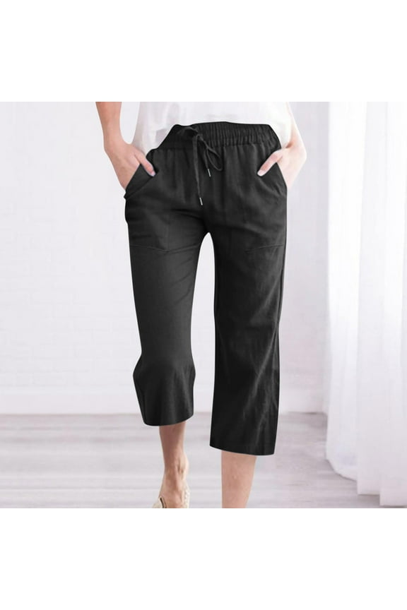 Linen Pants Women Summer Fashion Plus Size Casual Solid Color Elastic Loose Capris Straight Wide Leg High Waisted Pants With Pocket S-5XL