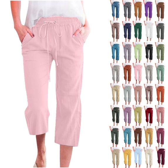 Linen Pants Women Summer Fashion Plus Size Casual Solid Color Elastic Loose Capris Straight Wide Leg High Waisted Pants With Pocket S-5XL on Clearance
