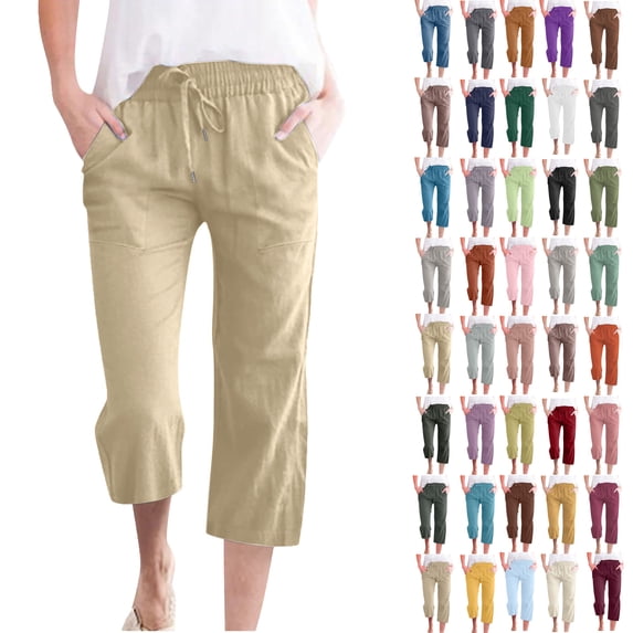 Linen Pants Women Summer Fashion Plus Size Casual Solid Color Elastic Loose Capris Straight Wide Leg High Waisted Pants With Pocket S-5XL