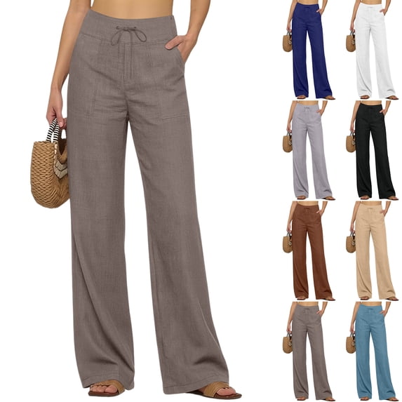 Linen Pants Women Summer Flowy Drawstring High Waisted Wide Leg Boho Palazzo Pants with Pockets, 2XL