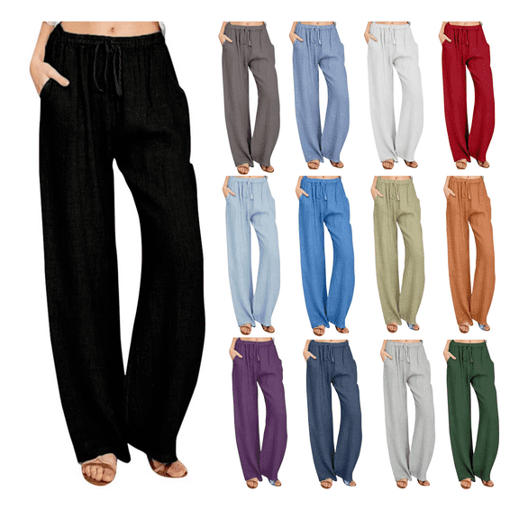 Linen Pants Women Summer Flowy Pants for Women Solid Color Linen Sashes Black Pants Women Straight Casual Long Wide Leg Trouser Pants for Women Pants Trousers