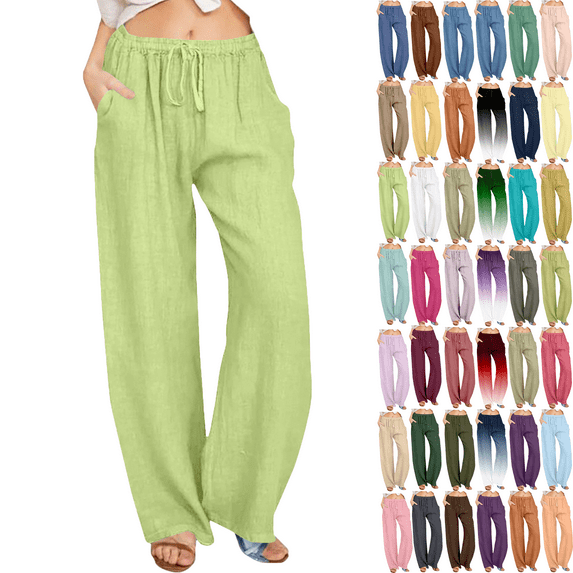 Linen Pants Women Summer Flowy Pants for Women Solid Color Linen Sashes Black Pants Women Straight Casual Long Wide Leg Trouser Pants for Women Pants Trousers