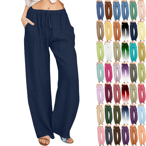 Linen Pants Women Summer Flowy Pants for Women Solid Color Linen Sashes Black Pants Women Straight Casual Long Wide Leg Trouser Pants for Women Pants Trousers